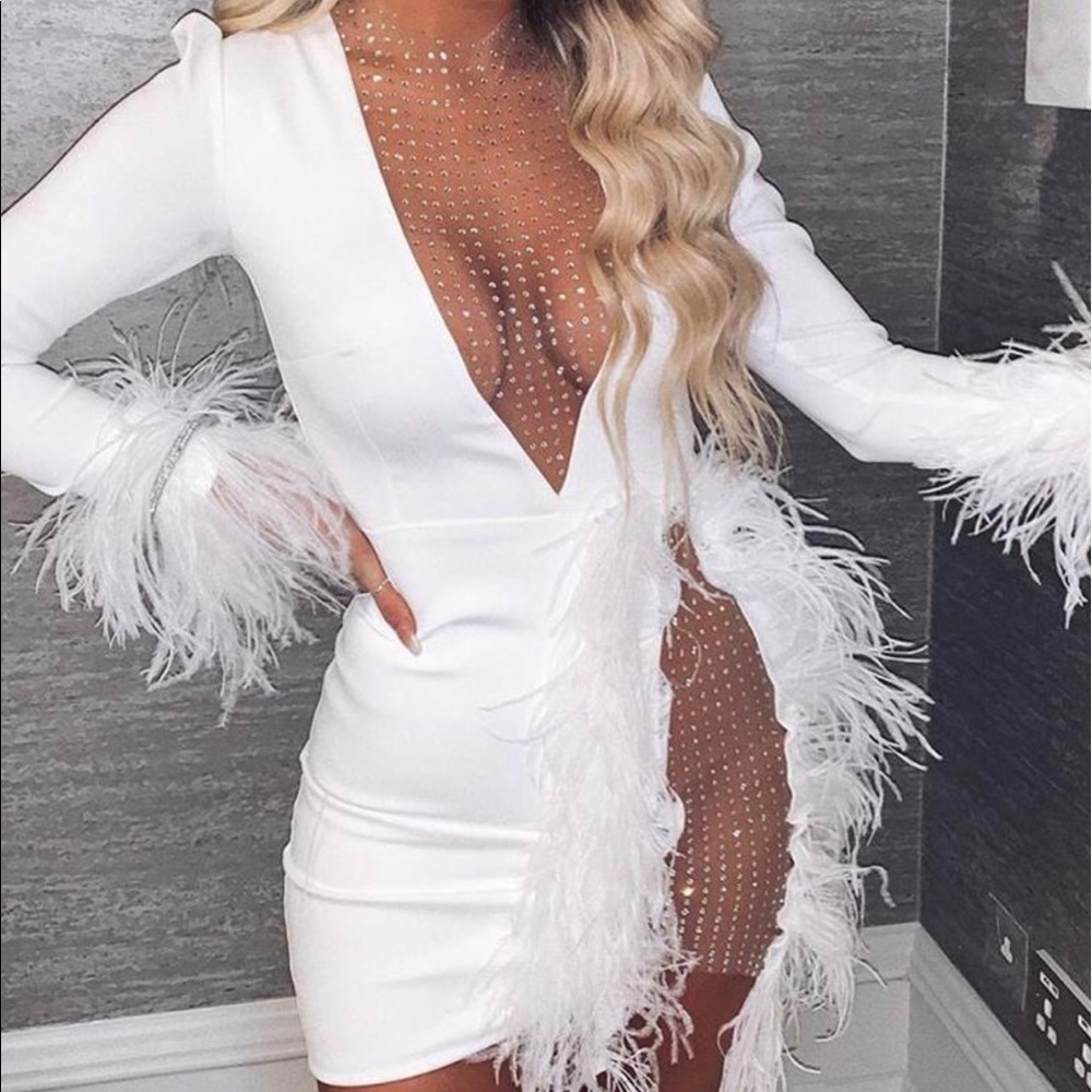 Sequined Feather Trim Mini Dress - Picture 1 of 2